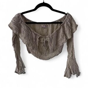 Amuse Society green off-the-shoulder crop top with tie bell ruffle flared bow XS